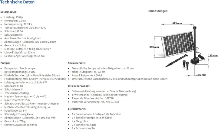 esotec Solar Teichpumpenset 25/1250 mit 25 W Solarmodul, Solarteichpumpe 1250l/h, Wasserspiel Garten