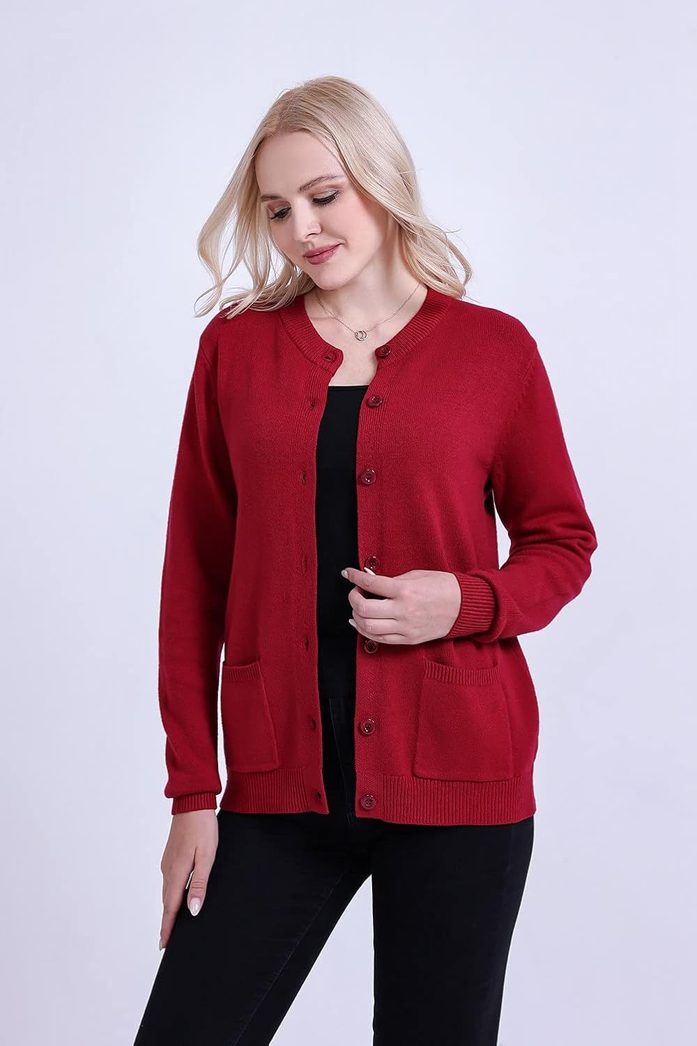SMILING PINKER Damen Strickjacke Langarm Cardigan Warm Rundhals Strickweste Jacke mit Knopfleiste un
