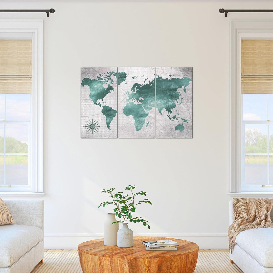 Runa Art Wandbilder Weltkarte Bild XXL Büro Wohnzimmer Grün Grau Vintage 120 x 80 cm 3 Teilig 026031