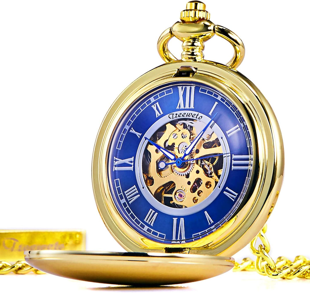 TREEWETO Unisex Taschenuhr mit Kette Analog Handaufzug glatt Doppelscharnier Römische Ziffern Gold B