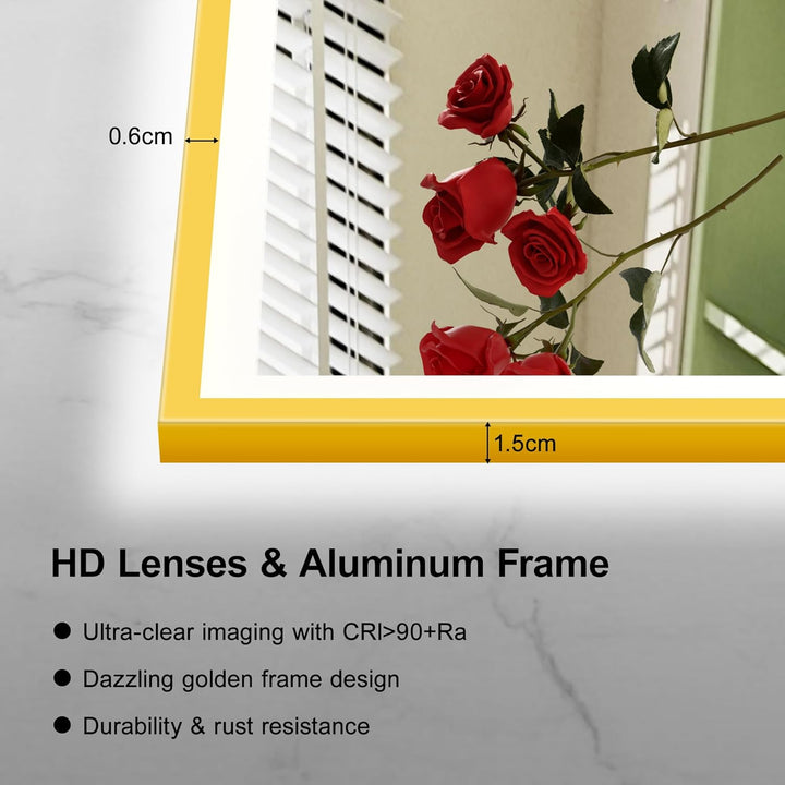 furduzz LED Badspiegel Rechteckig mit Gold Aluminiumrahmen, 700x500mm Wandspiegel aus Sicherheitsgla