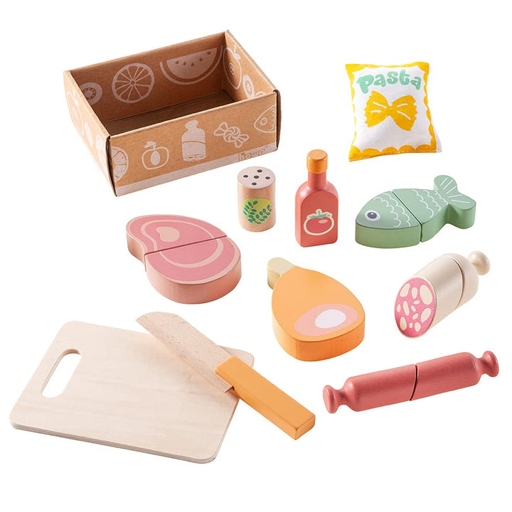 howa Kaufladen Marktstand "Lucky" aus Holz mit Markise, Tasche und 32 tlg. Kaufladenzubehör 47479
