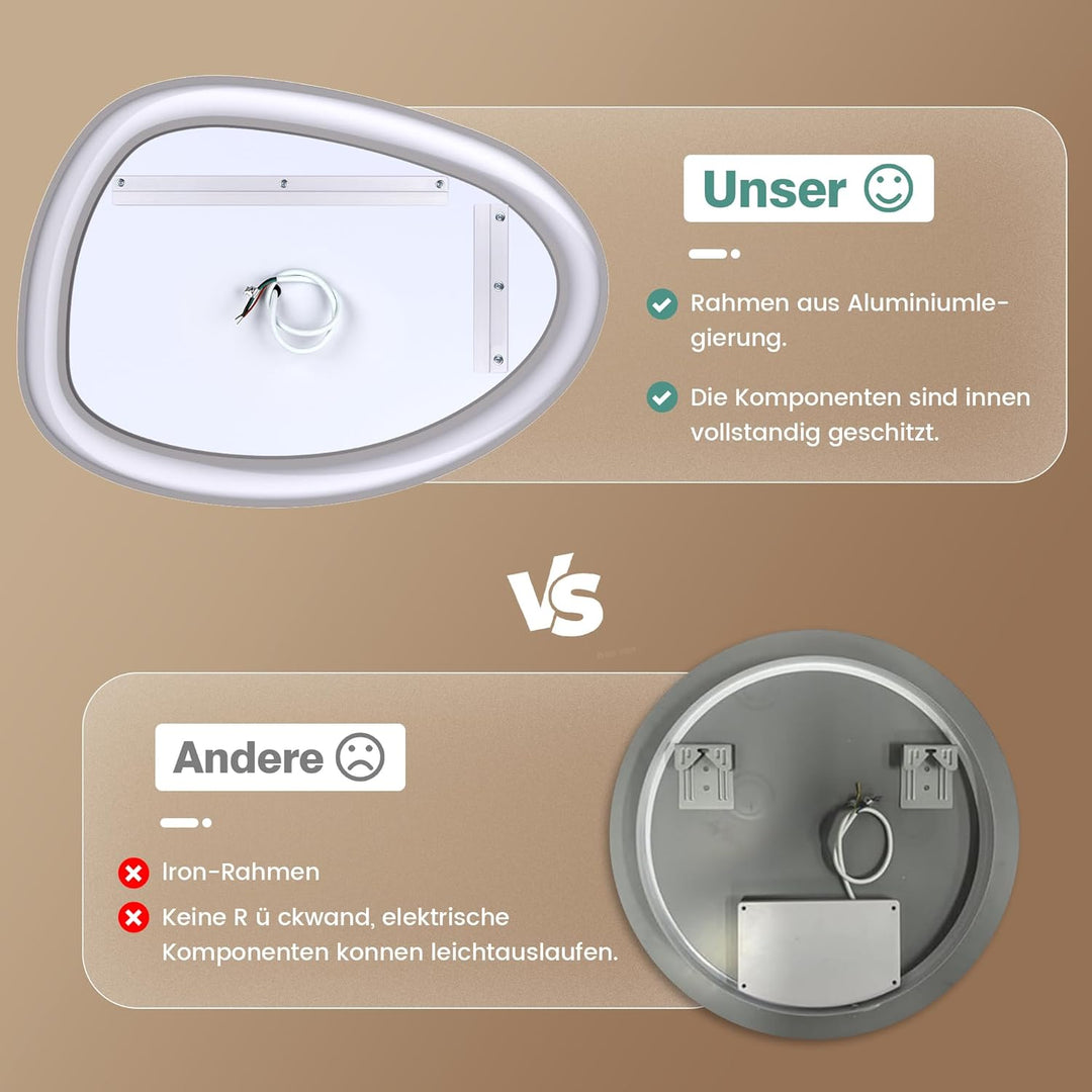 PESENXAN Asymmetrischer Spiegel mit Beleuchtung, LED Badspiegel 83x60 cm mit Touch-Schalter – Antibe