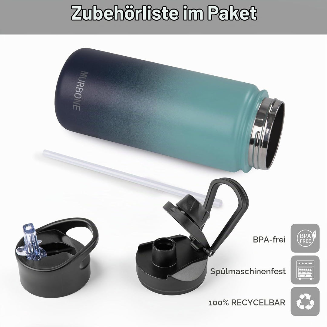 Edelstahl Trinkflasche 500ml (+2 Deckel)-mit Strohhalm,BPA frei,Thermosflasche Auslaufsicher,Kohlens