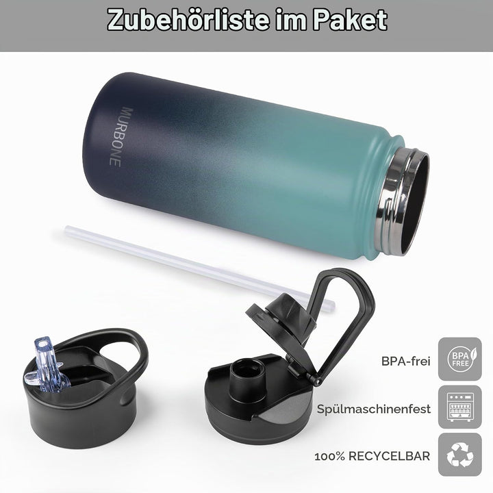 Edelstahl Trinkflasche 500ml (+2 Deckel)-mit Strohhalm,BPA frei,Thermosflasche Auslaufsicher,Kohlens