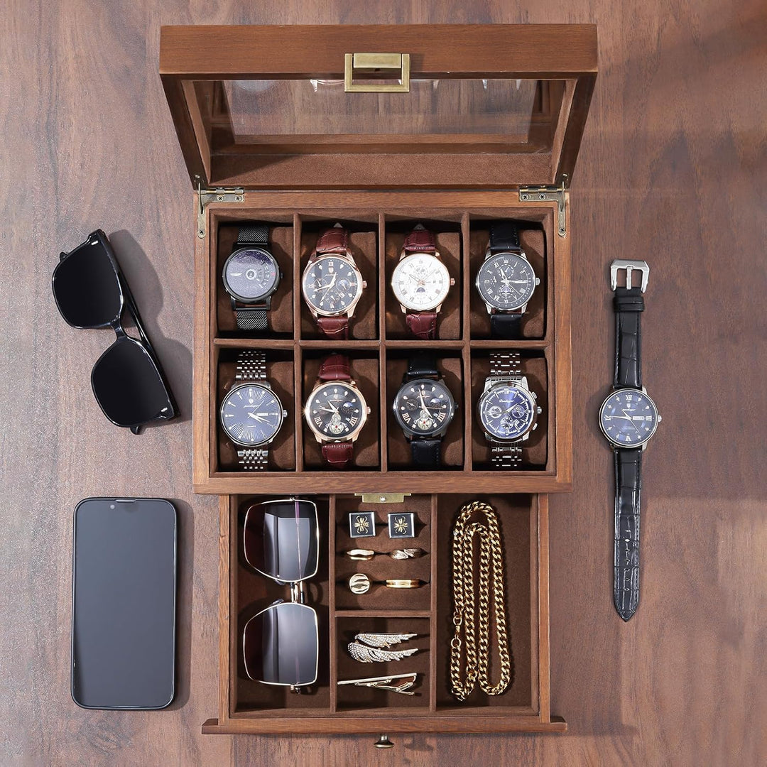 ProCase Uhrenbox mit 8 Fächern, Uhrenkasten Uhrenkoffer mit Glasdeckel Uhrenkissen, Uhrenschatulle f