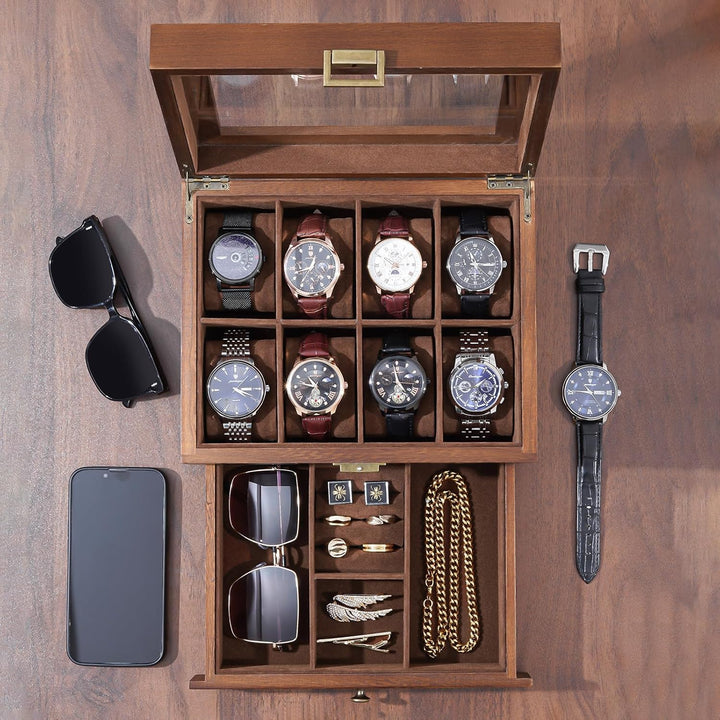 ProCase Uhrenbox mit 8 Fächern, Uhrenkasten Uhrenkoffer mit Glasdeckel Uhrenkissen, Uhrenschatulle f