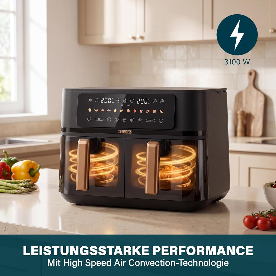 Princess Doppel-Heissluftfritteuse 9L 3100W – Zwei Garzonen mit Sync-Finish-Funktion, grosse Kapazit