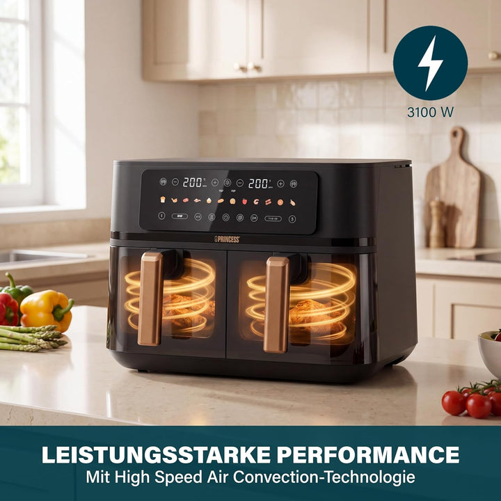Princess Doppel-Heissluftfritteuse 9L 3100W – Zwei Garzonen mit Sync-Finish-Funktion, grosse Kapazit
