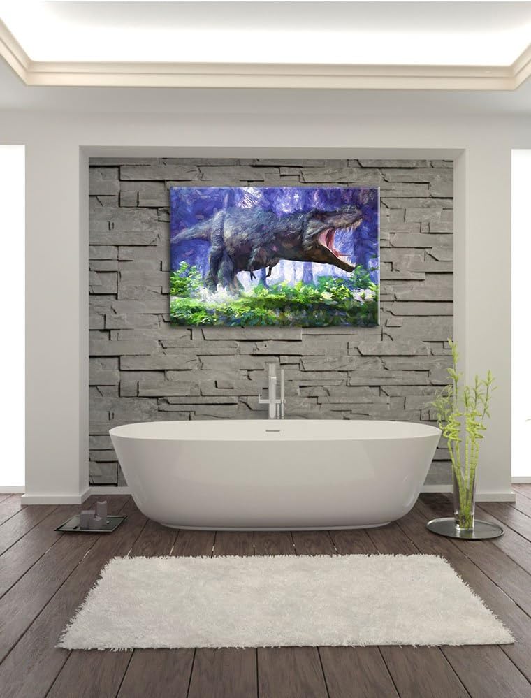 Pixxprint T-Rex Dinosaurier im Wald Kunst / 100x70cm Leinwandbild bespannt auf Holzrahmen/Wandbild K
