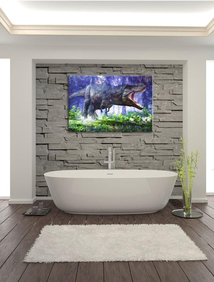 Pixxprint T-Rex Dinosaurier im Wald Kunst / 100x70cm Leinwandbild bespannt auf Holzrahmen/Wandbild K