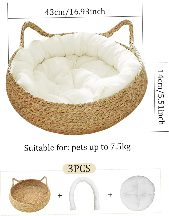 Katzenkorbbett, 17-Zoll-Strohkatzenbett mit weichem Kissen, kratzfürchtiges Kätzchenbett mit Katzen.