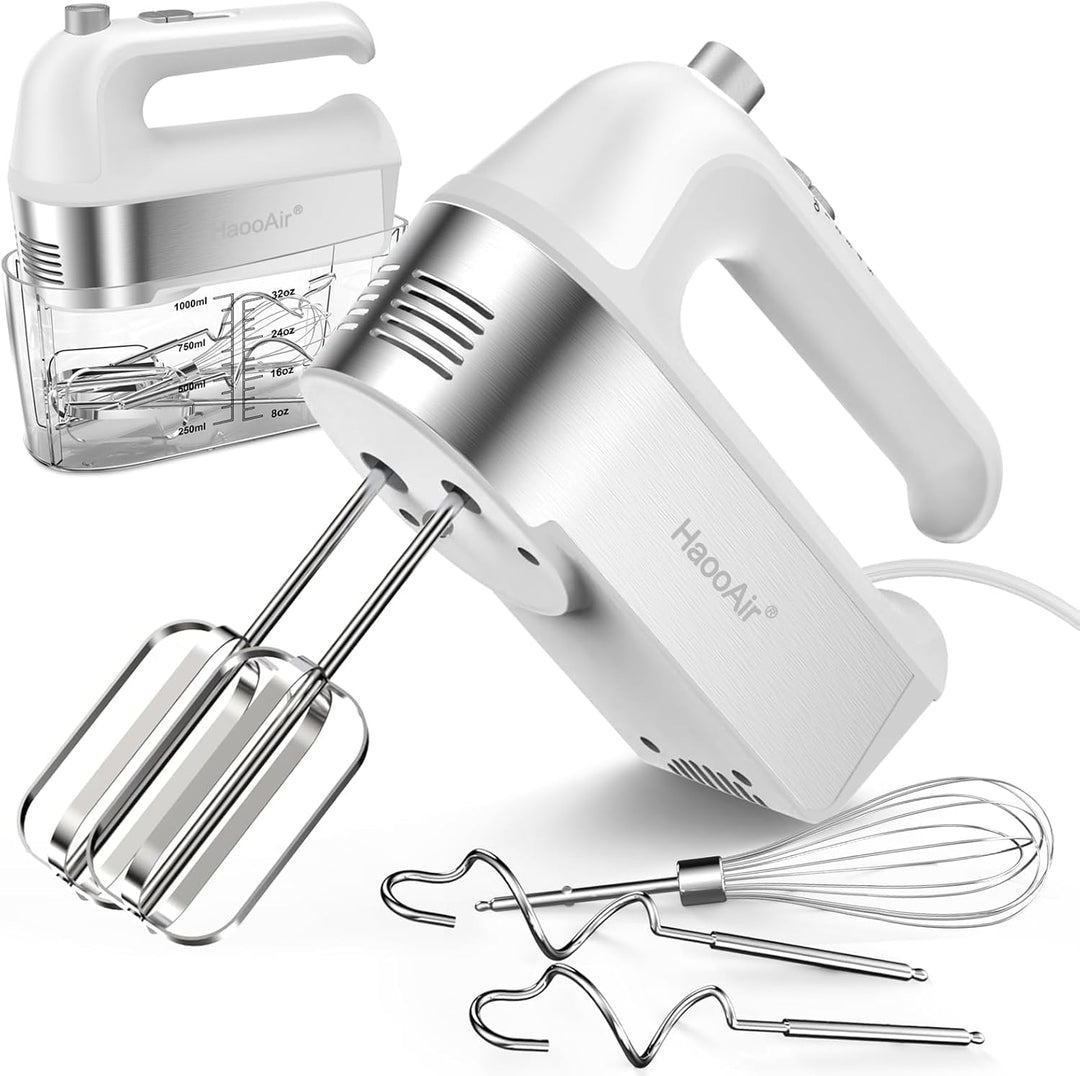 450W Elektro-Handmixer, 5-Gang-Handmixer mit Messbecher-aufbewahrung, 4* Edelstahl-Zubehör, Turbo-Bo