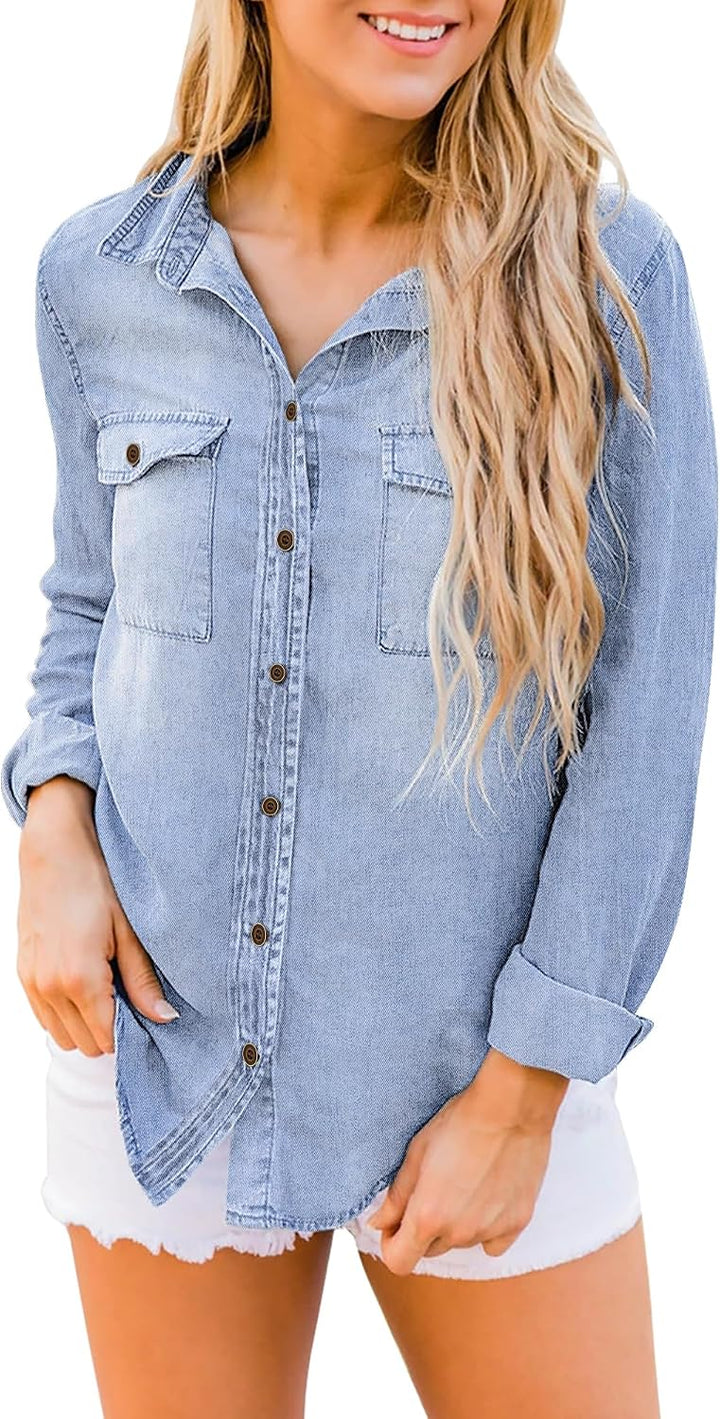 Damen Jeanshemd - Damen Western Hemden Tunika Langarm Button Down Oberteile L Acid Wash Lakeside Blu