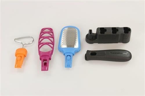 Tupperware Klick-Trio Griff + 3 Aufsätze: Rührbesen, Reibe, Entkerner aus Kunststoff - Küchenzubehör