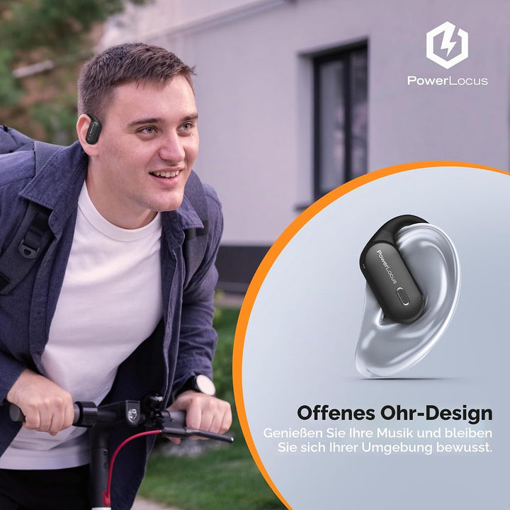 PowerLocus Kabellose Sport-Kopfhörer, Open-Ear Kopfhörer mit flexiblem Ohrbügel, Stereo-Sound, wasse