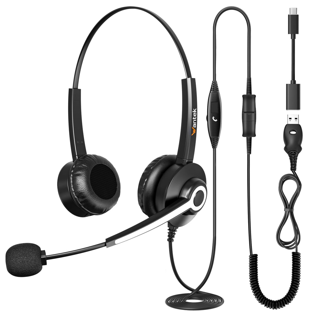 Wantek USB Headset mit Mikrofon für PC Laptop Büro, USB Stecker Typ-C Adapter Für Call Center Online