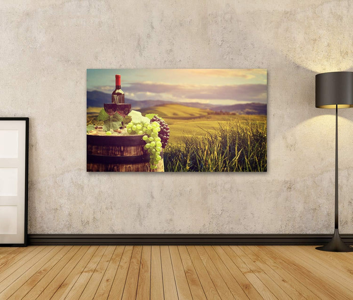 islandburner Bild auf Leinwand Rotweinflasche Und Weinglas Auf Wodden Barrel Schöne Toskana Hintergr