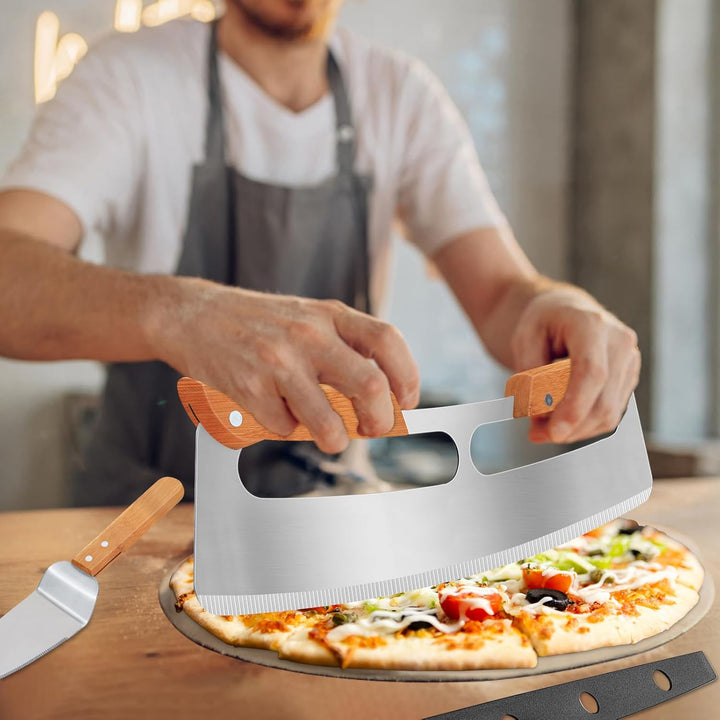 Pizzaschneider Gross - Profi Pizzamesser (Pizza Cutter) aus Edelstahl 35cm mit Holzgriff & Klingensc