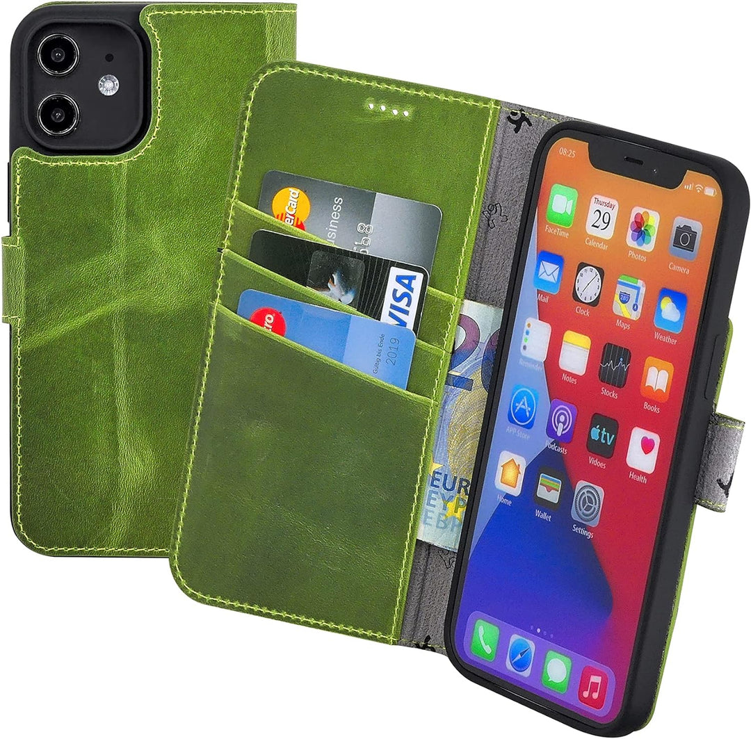 Suncase Book-Style Hülle kompatibel mit iPhone 12 Mini (5.4") Leder Tasche (Slim-Fit) Lederhülle Han
