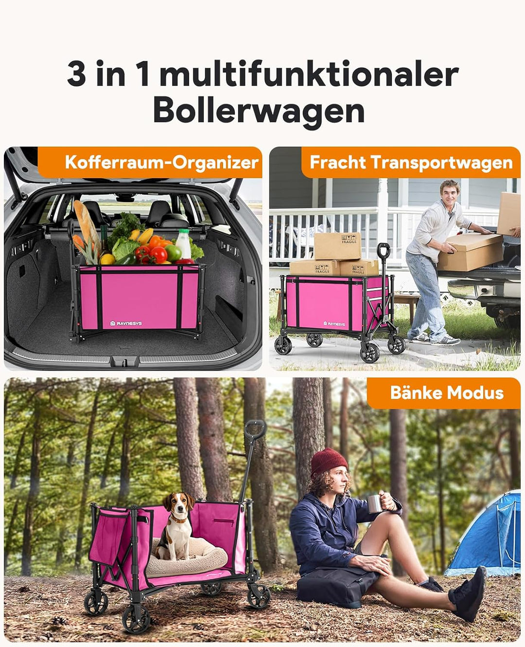 3 in 1 Bollerwagen Faltbar 120L, Klappbar Handwagen mit Rädern, 220lbs Transportwagen Faltbar, Umbau