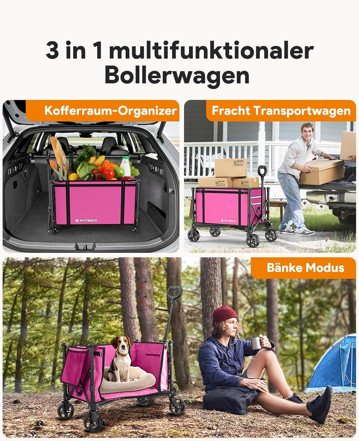 3 in 1 Bollerwagen Faltbar 120L, Klappbar Handwagen mit Rädern, 220lbs Transportwagen Faltbar, Umbau
