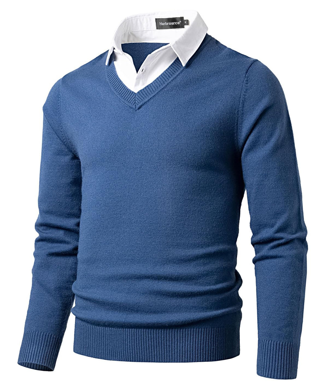 Harbrosrce Herren Strick Pullover V Ausschnitt Strickpullover Feinstrick Mock Hemdkragen Strickwaren