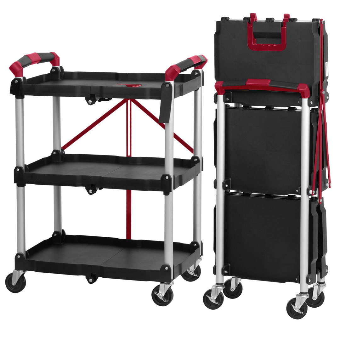 Mahlzeit Faltbarer Servierwagen mit Rollen | 64 x 40,5 x 82 cm, Bis zu 150 kg Belastbar | Rot/Schwar