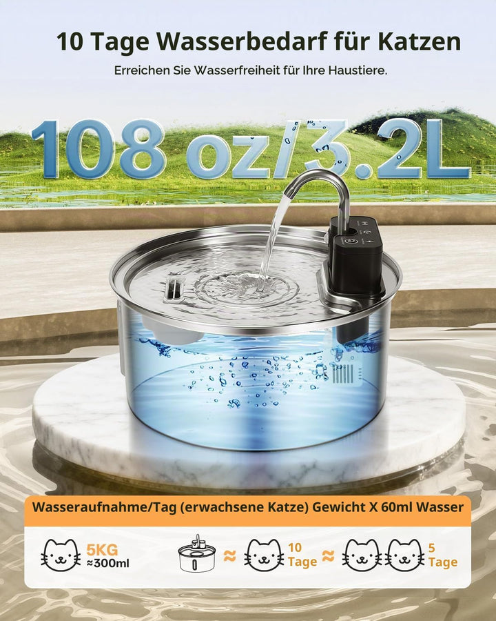 Katzenbrunnen Kabellos - Trinkbrunnen für Katze Edelstahl - Katzenbrunnen mit Bewegungssensor und 45