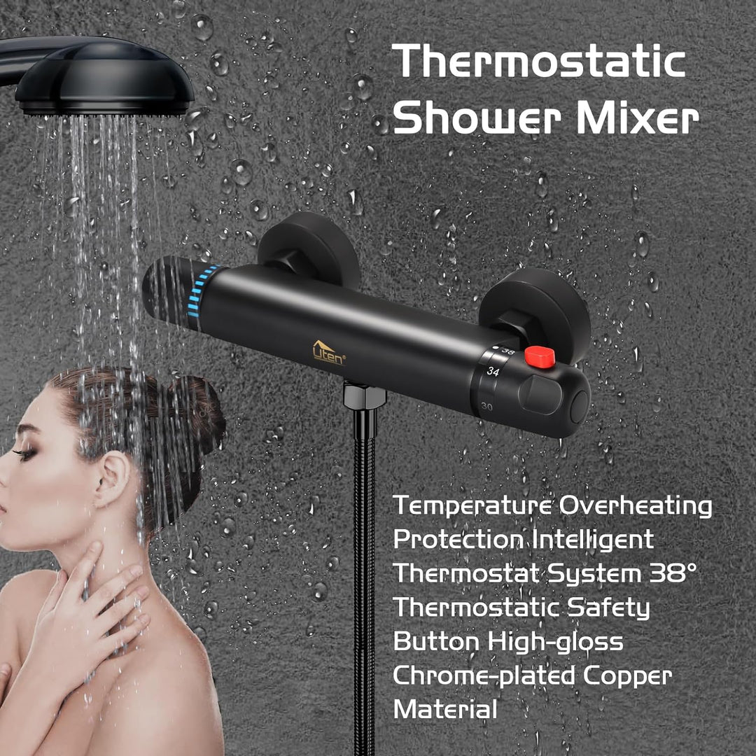 Duscharmatur Thermostat Schwarz, Uten Mischbatterie Duschthermostat mit 38 °C Sicherheitstast,Brause