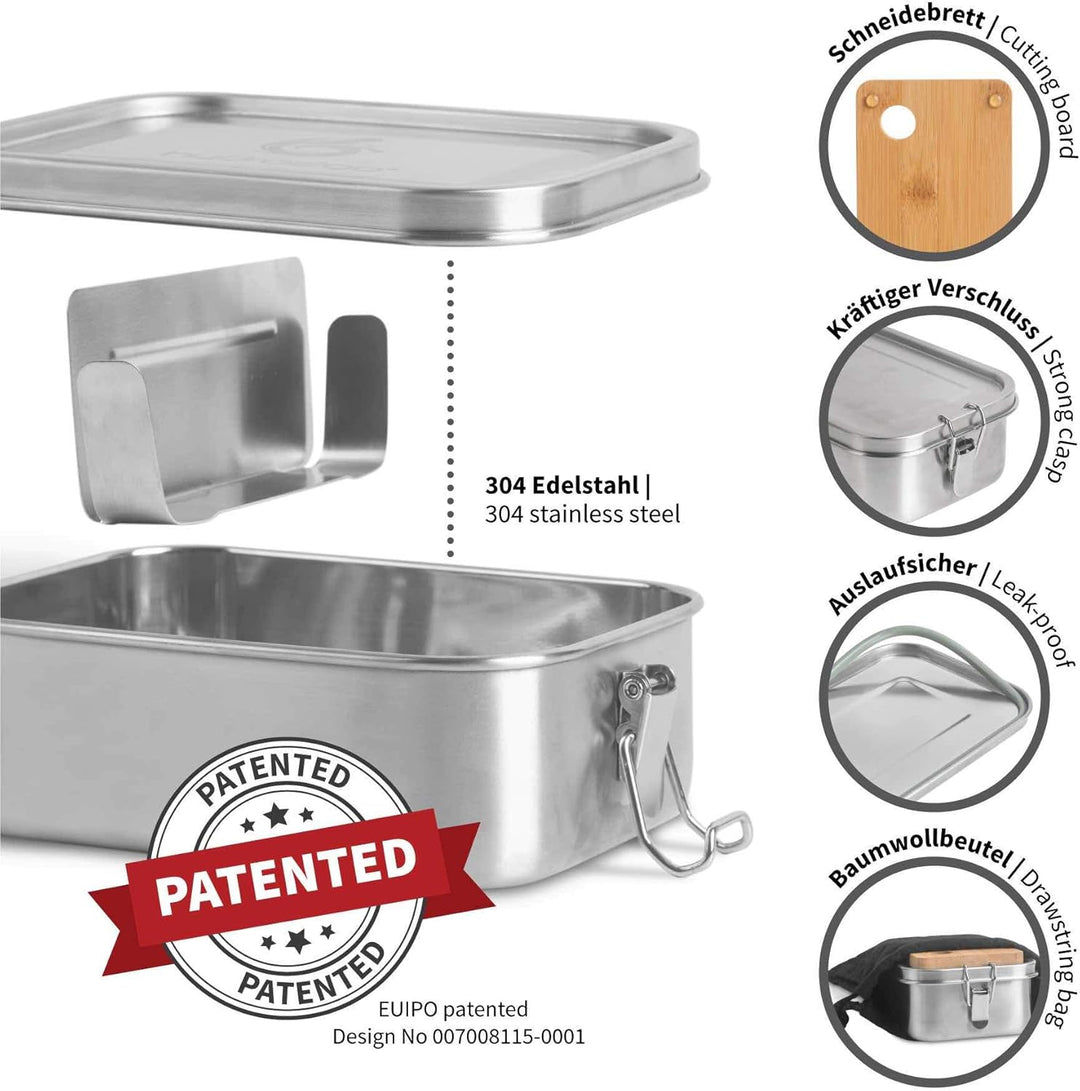 hydro2go auslaufsichere Lunchbox aus Edelstahl – BPA-frei, plastikfrei, mit Trennwand, Schneidebrett