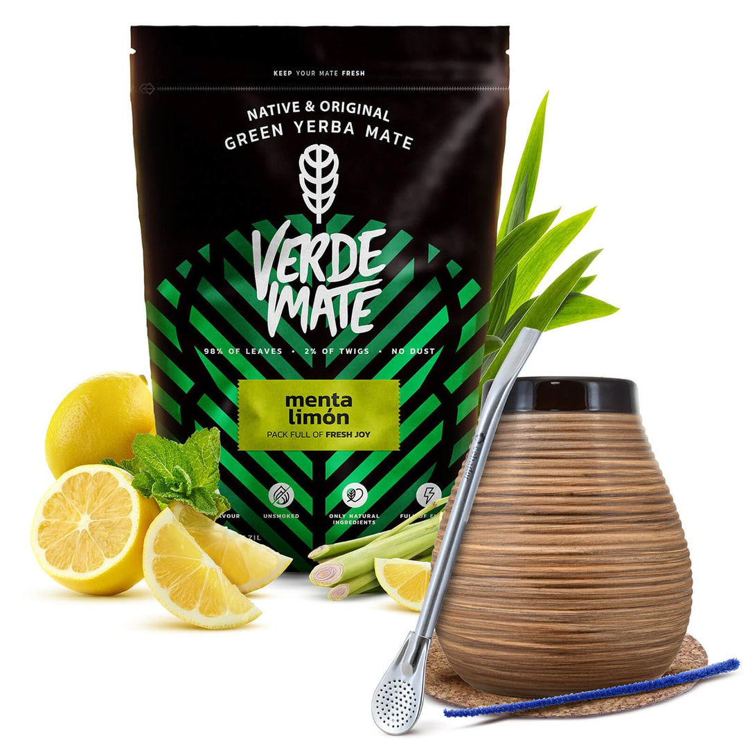Mate Tee Set Verde Mate - Yerba Mate Limon 500g - aus Brasilien - 5mm Grobe Blätter - Luftgetrocknet