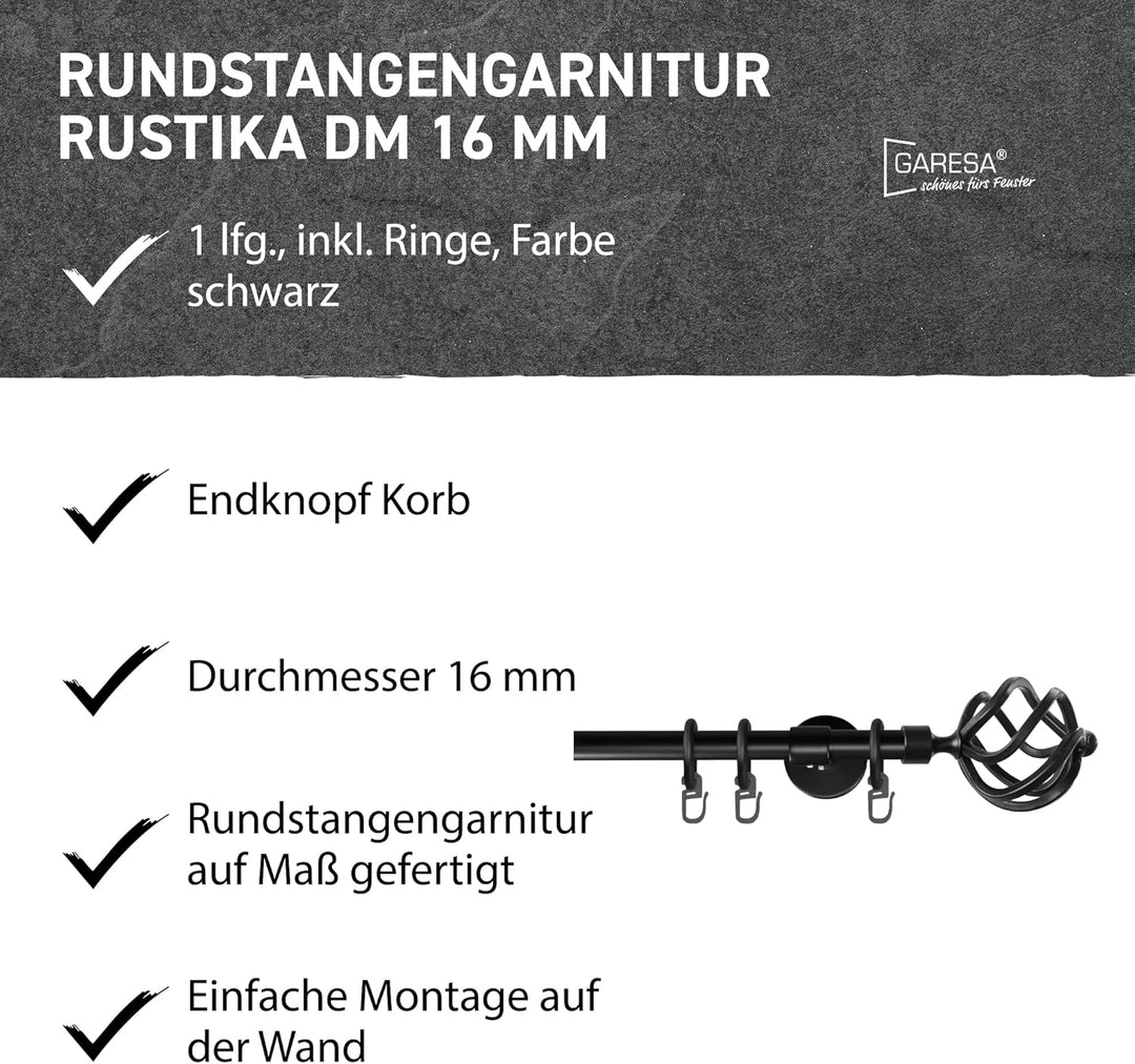 Garesa Gardinenstange Rustika Ø 16mm, 1-läufig, Schwarz I Rustikale Vorhangstange aus Metall inkl. R