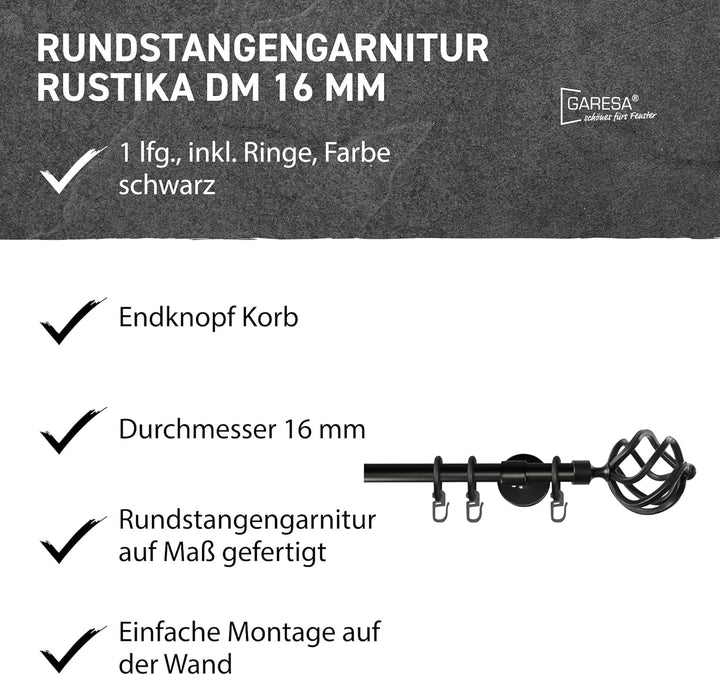 Garesa Gardinenstange Rustika Ø 16mm, 1-läufig, Schwarz I Rustikale Vorhangstange aus Metall inkl. R