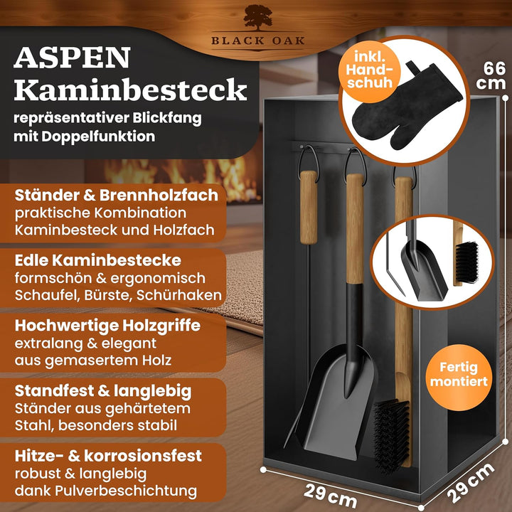 BLACK OAK Kaminbesteck ASPEN 4-teilig mit Lederhandschuh - praktisches & repräsentatives Ofenbesteck