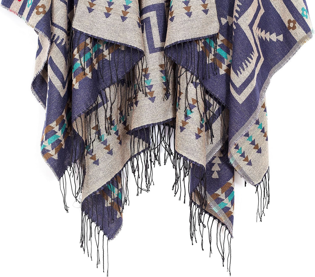 Urban GoCo Damen Poncho Stola Bohe Quaste Schal #1 Navy Blau, #1 Navy Blau