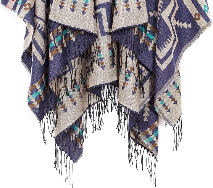 Urban GoCo Damen Poncho Stola Bohe Quaste Schal #1 Navy Blau, #1 Navy Blau