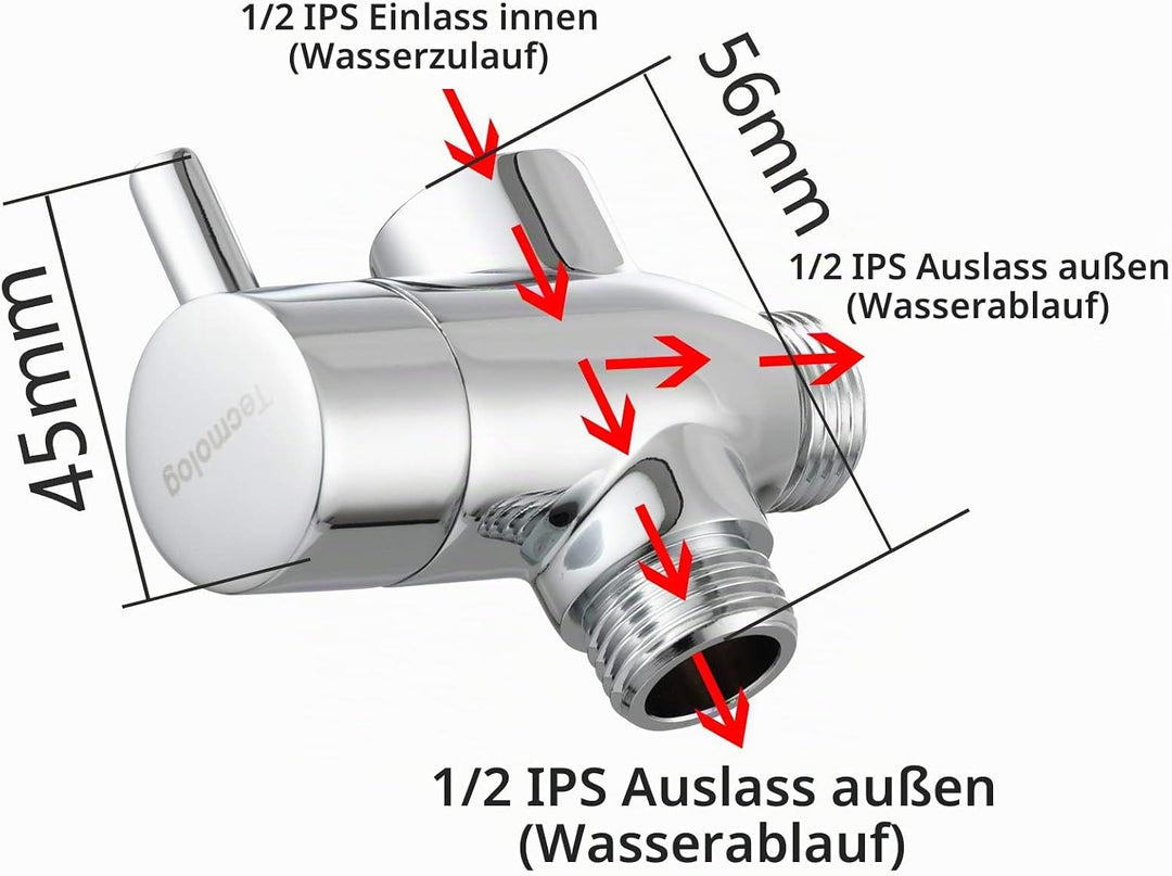 Tecmolog Umstellventil Dusche 3 Wege 1/2" Messing Absperrventil Dusche T Adapter für Handbrause DSF0