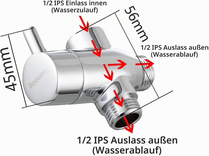Tecmolog Umstellventil Dusche 3 Wege 1/2" Messing Absperrventil Dusche T Adapter für Handbrause DSF0