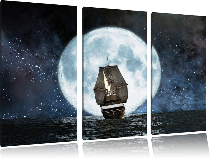 Pixxprint Segelschiff bei Vollmond als Leinwandbild | Grösse: 3 Teilig (120x80) | Wandbild| Kunstdru