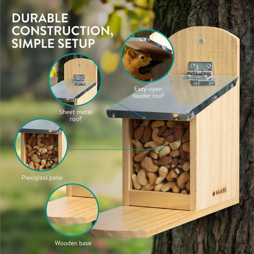Navaris Eichhörnchen Futterhaus wetterfest aus Holz und Metall - Futterkasten Futterautomat für Gart
