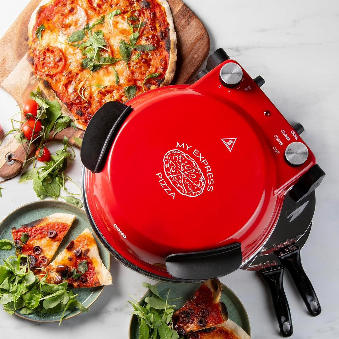 DOMO DO9284PZ Pizzaofen 'My Express Pizza' - Backzeit 3–5 Minuten - Mit Keramikstein - 1200 W - Rot