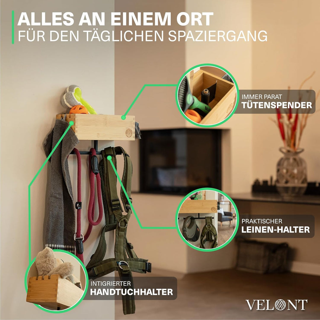 VELONT Hundegarderobe mit Ablage Personalisiert - Grösse XL - Perfekter Leinenparkplatz - Bambus - D