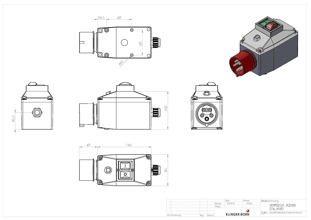 Motorschutzschalter ISKRA MS25 0,63-1A in Gehäuse mit CEE-Kragenstecker 16A CEE-Kragenstecker 16A, m