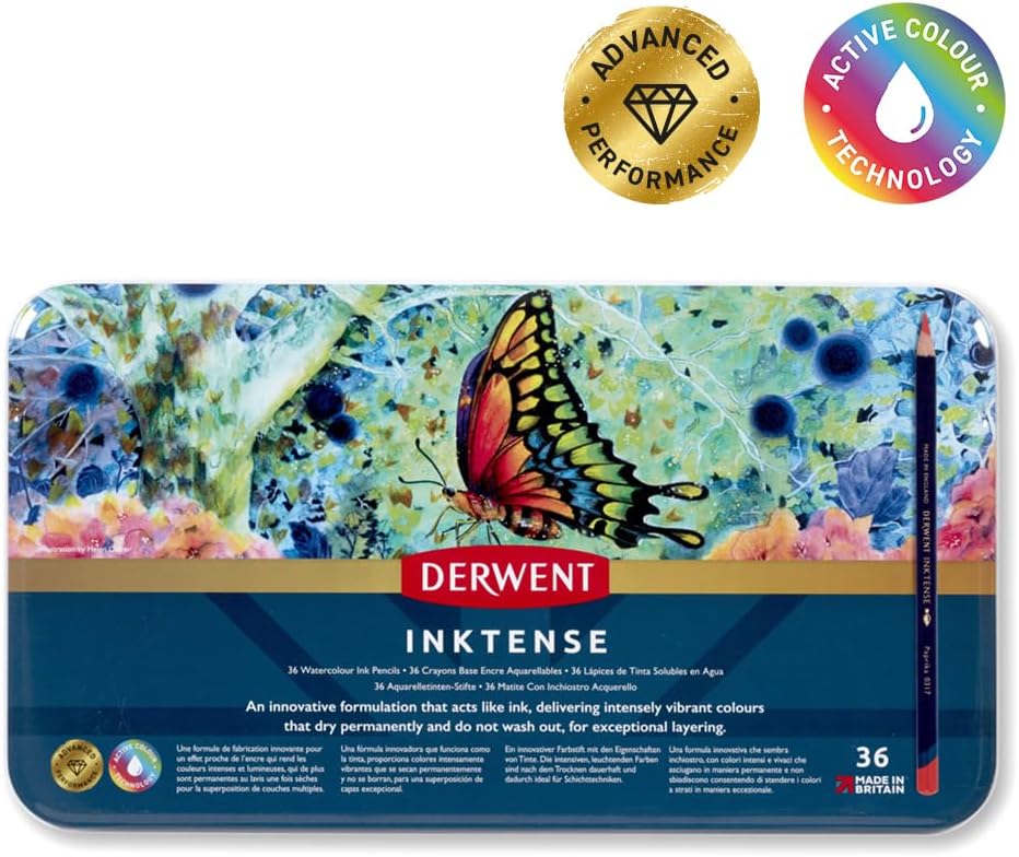 Derwent Inktense Permanent Wasserlösliche Aquarellstifte, 36er Set, Buntstifte mit 4 mm Premium Kern
