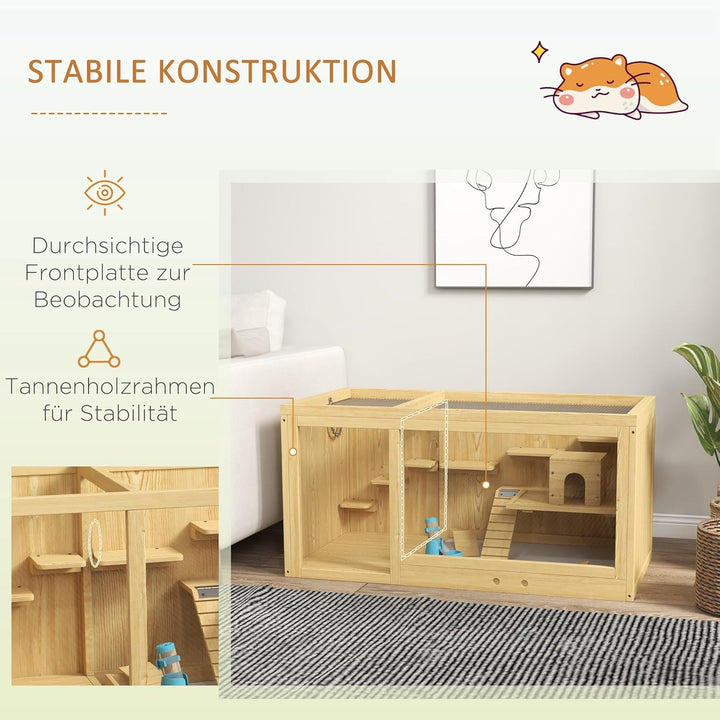 PawHut Hamsterkäfig aus Holz, 100 cm Kleintierstall, Kleintierkäfig Spielhaus für Gerbils Nagerkäfig