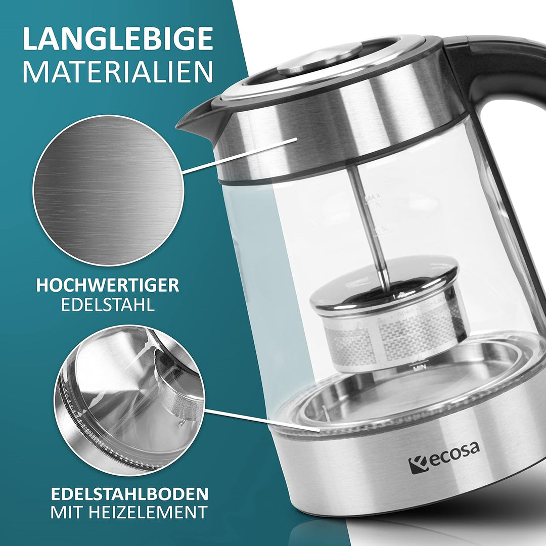 Ecosa® Glas Wasserkocher mit Teesieb und Temperatureinstellung Edelstahl – Teekocher Glas Edelstahl