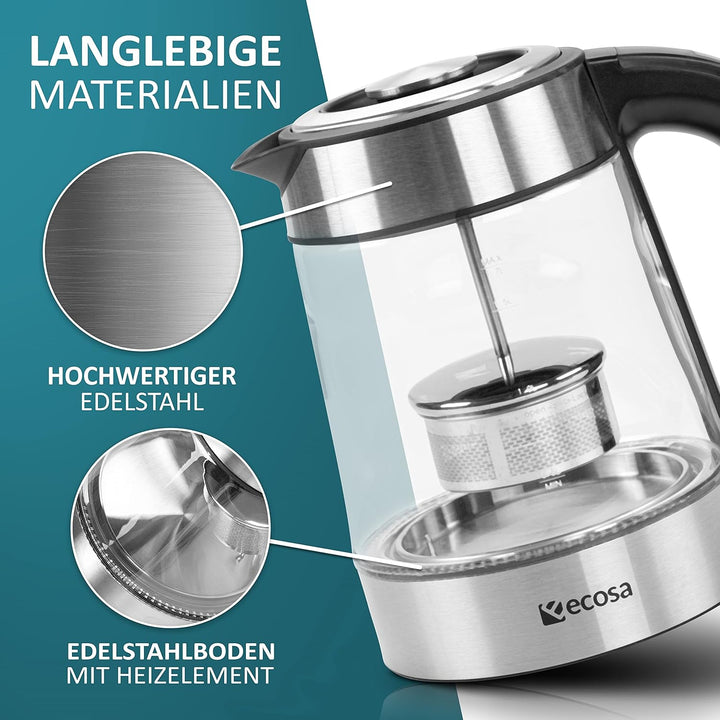 Ecosa® Glas Wasserkocher mit Teesieb und Temperatureinstellung Edelstahl – Teekocher Glas Edelstahl