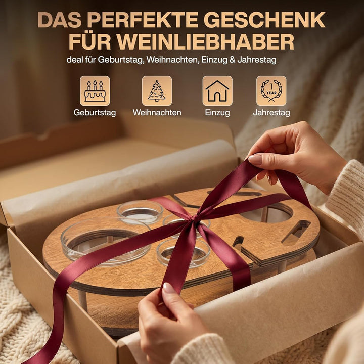 Couchbar Weinbar in Eiche mit 4 Glasschalen | PERSONALISIERBAR | Snackbox für Wein mit Getränkehalte