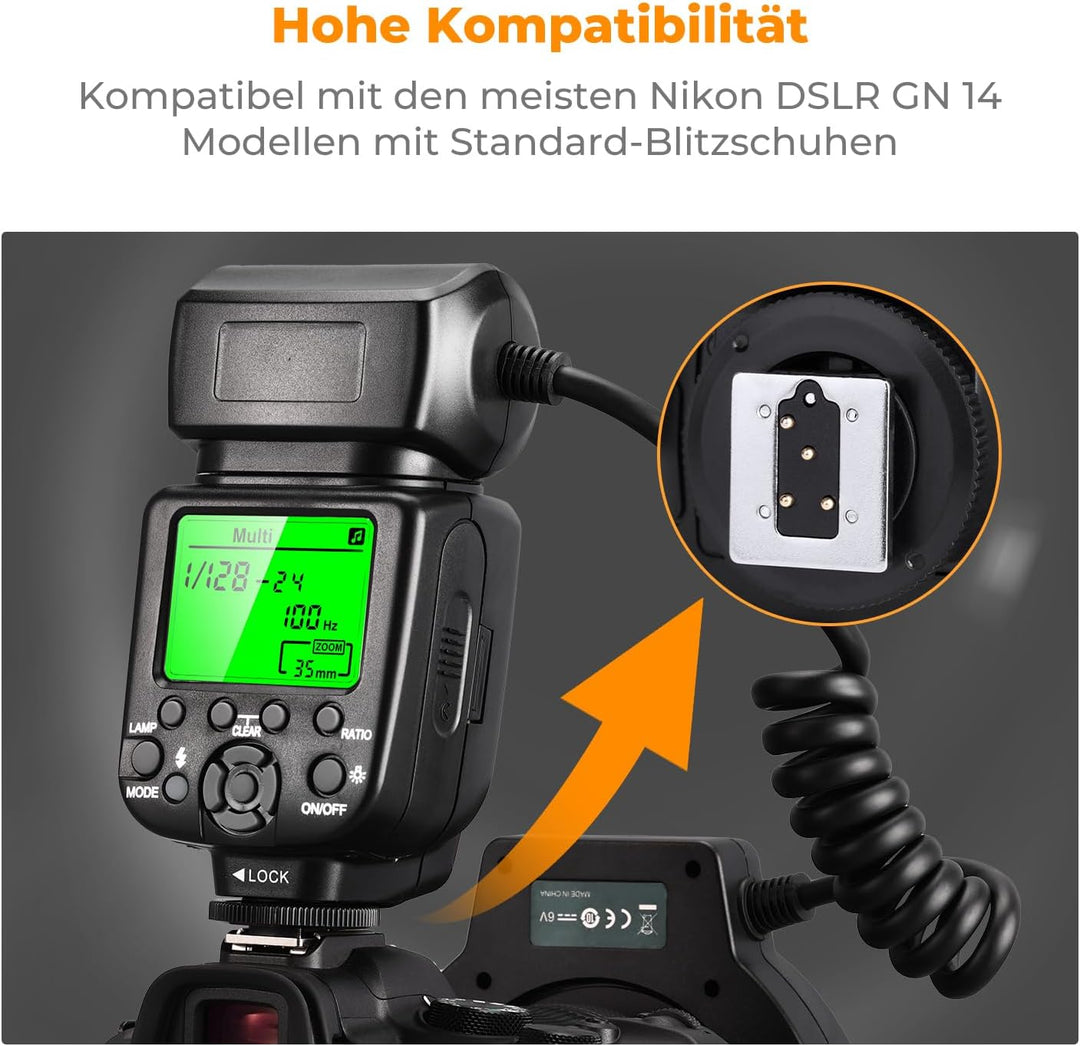 K&F Concept TTL Makroblitz Ringblitz Ringleuchte Blitzgerät für Nikon DSLR GN 14 mit AF-Hilfslicht A